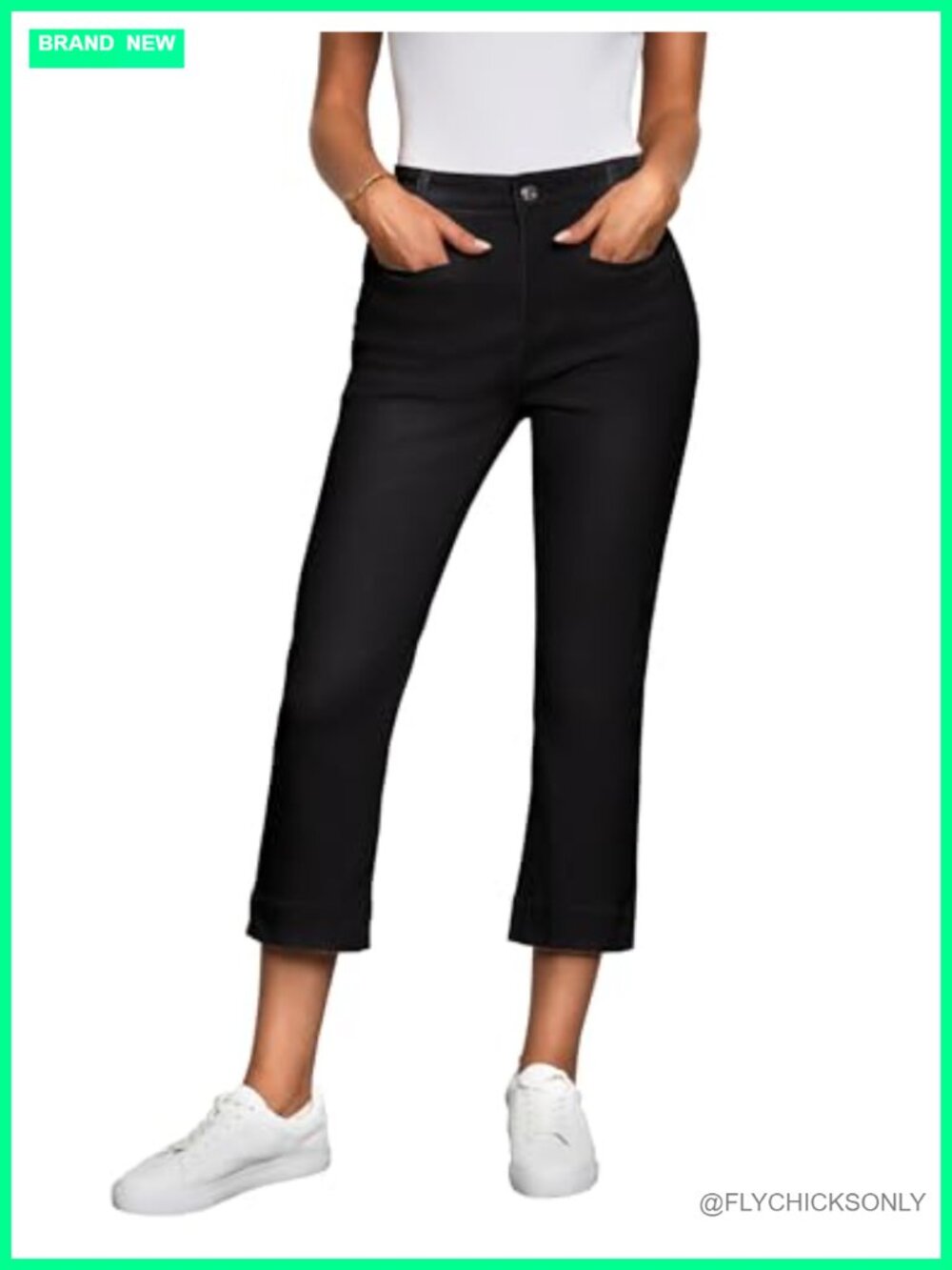 High Waisted Slim Straight Stretch Denim Capri Jeans Welt Pockets Cropped
